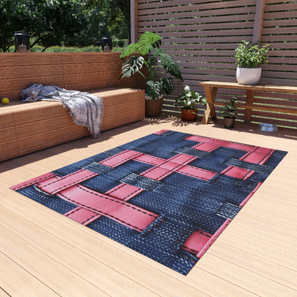 Candy-Striped Crossover: Pink Denim Ribbons Dancing on Blue Stage - Outdoor Rug