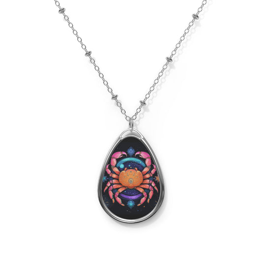 Rainbow Celestial Crab - Vibrant Cancer Zodiac Sign Art - Oval Necklace