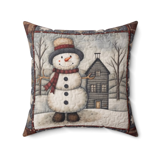 Christmas Cottagecore Snowman & Snowy House - Nostalgic Decor - Grandmillennial Festive Charm - Spun Polyester Square Pillow