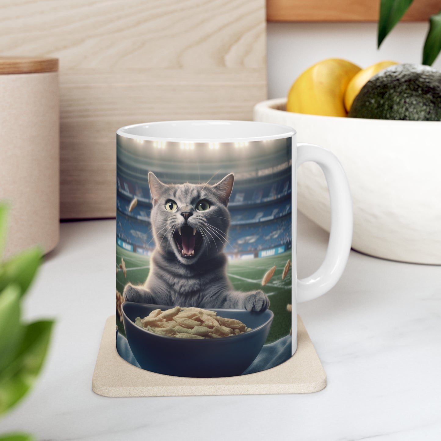 Halftime Football Feline: Screaming Sports Fan Cat Stadium Food Kitten - Ceramic Mug 11oz