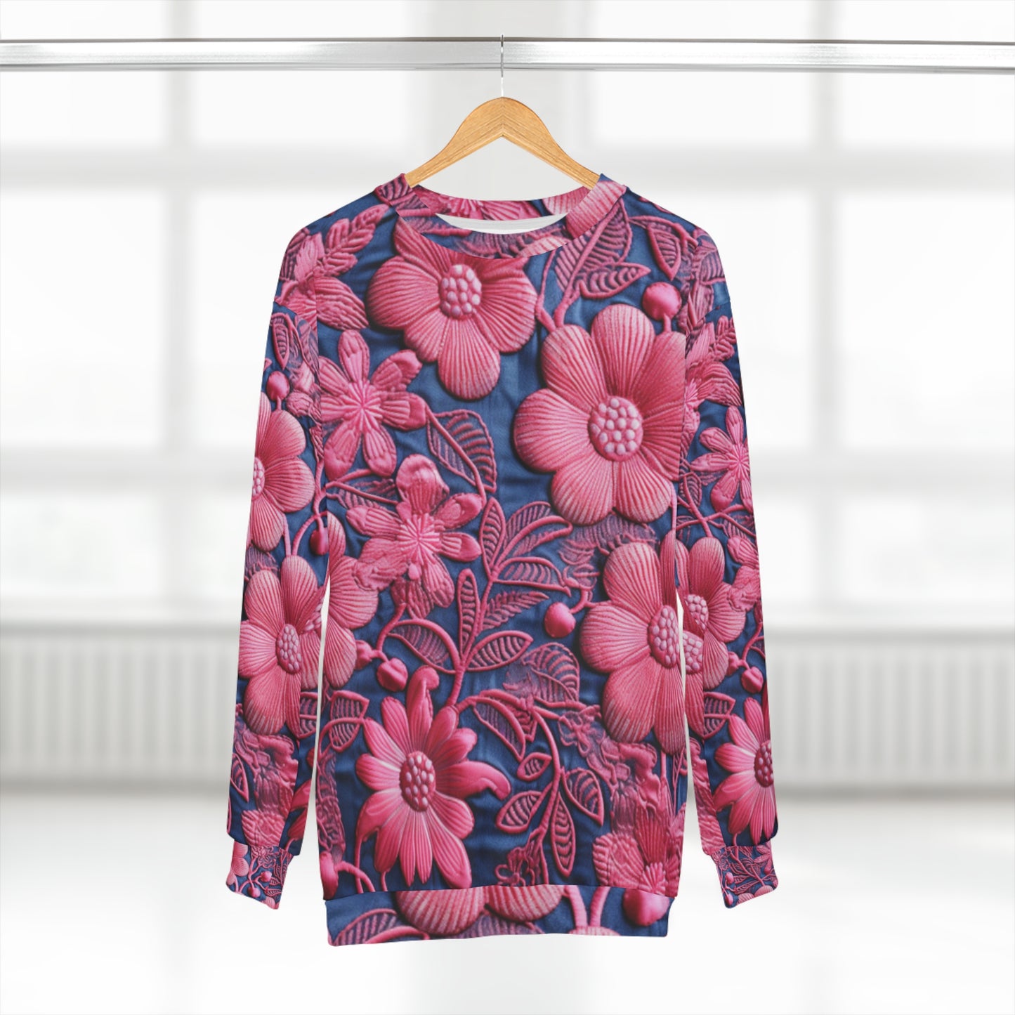 Denim Blue Doll Pink Floral Embroidery Style Fabric Flowers - Unisex Sweatshirt (AOP)