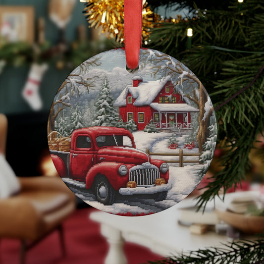 Red Truck Christmas Embroidery: Needlepoint Festive Winter Scene Threadwork - Acrylic Ornament with Ribbon