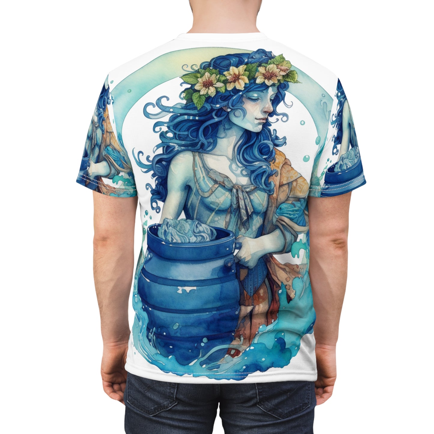 Zodíaco artístico de Acuario - Representación del portador de agua en acuarela - Camiseta unisex de corte y costura (AOP) 