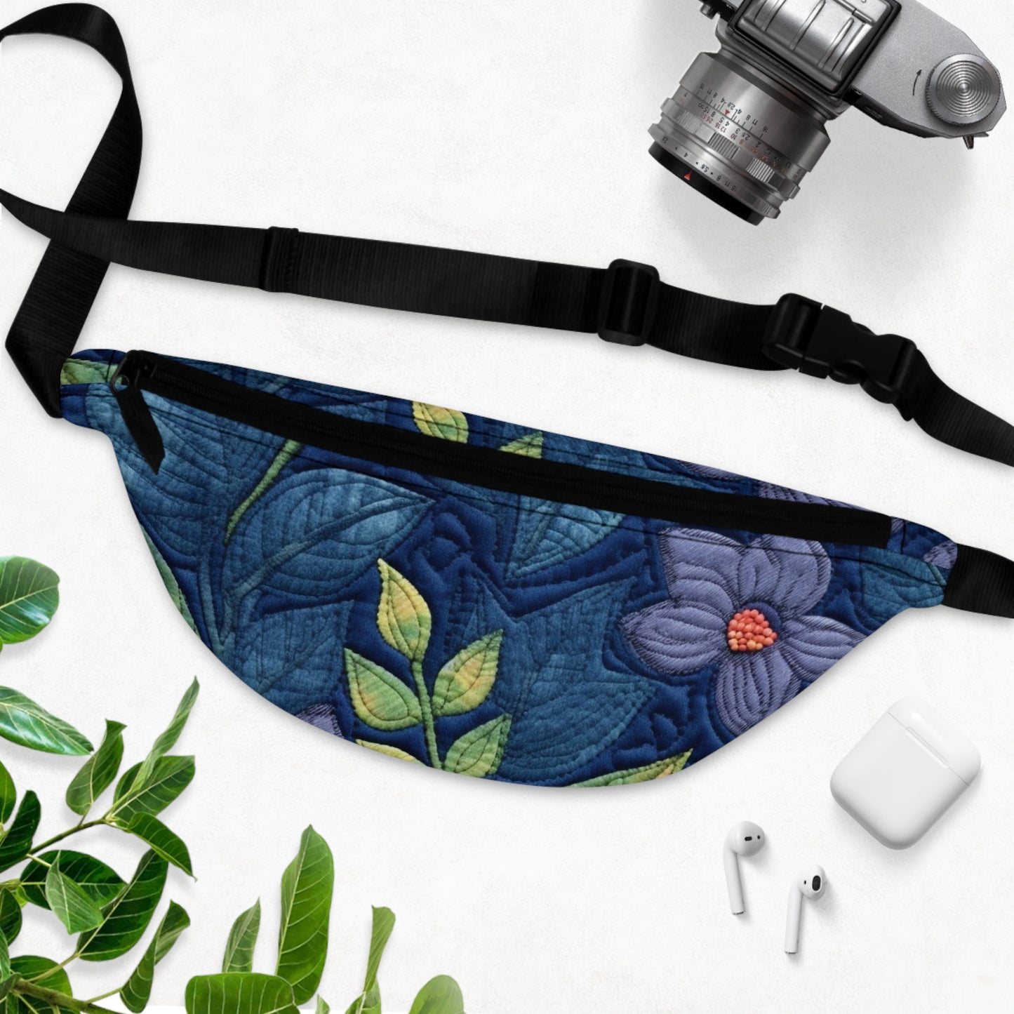 Floral Embroidery Blue: Denim-Inspired, Artisan-Crafted Flower Design - Fanny Pack