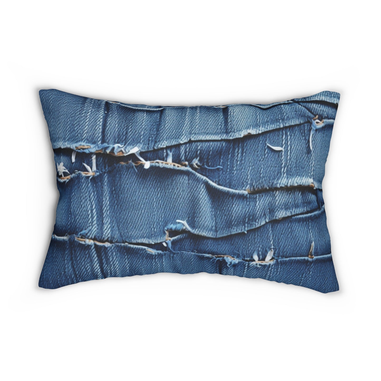 Midnight Blue Distressed Denim: Rugged, Torn & Stylish Design - Spun Polyester Lumbar Pillow