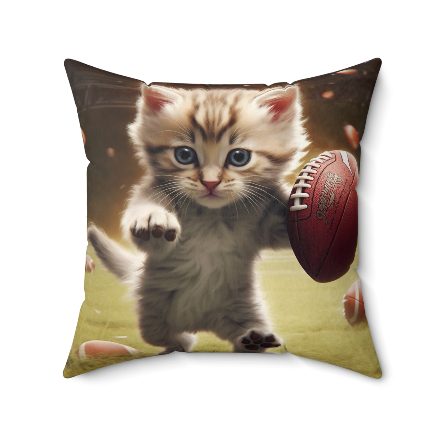 Football Kitty Fantasy: Feline Cat American Sport Quarterback - Spun Polyester Square Pillow