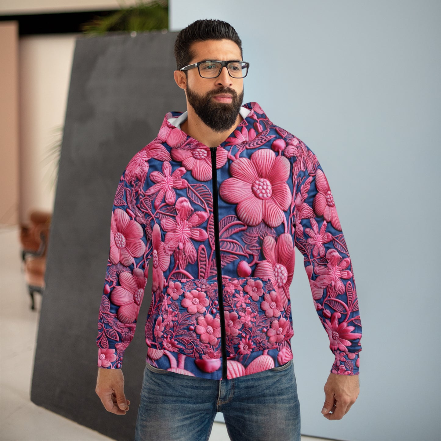 Denim Blue Doll Pink Floral Embroidery Style Fabric Flowers - Unisex Zip Hoodie (AOP)