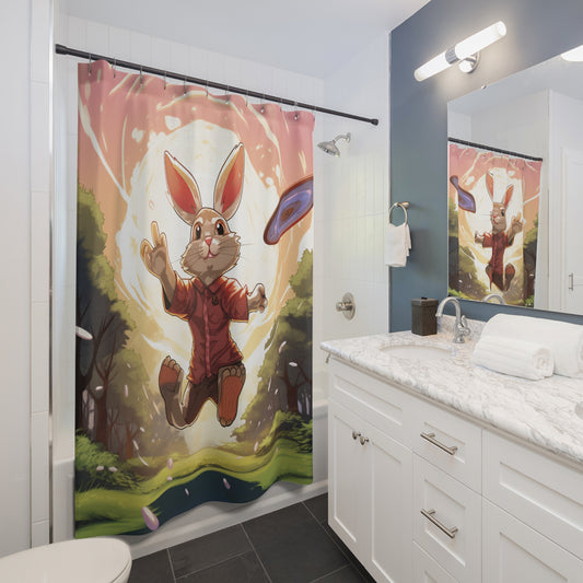 Disc Golf Rabbit: Bunny Aiming Frisbee for Basket Chain - Shower Curtains