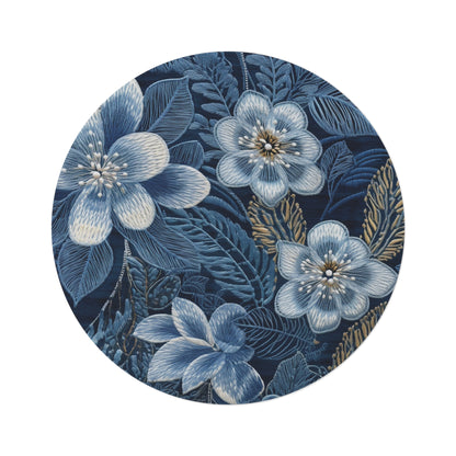 Flower Blossom Embroidery Floral on Denim Style - Round Rug