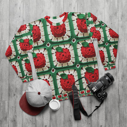 Patrón de crochet Apple Granny Square: árbol frutal silvestre, delicioso diseño rojo - Sudadera unisex (AOP) 