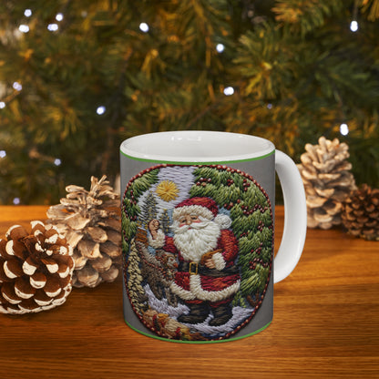 Ganchillo de pinos de Papá Noel, bosque festivo, árbol de Navidad y Claus, paisaje navideño - Taza de cerámica 11oz 