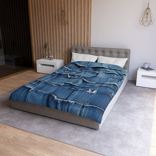 Midnight Blue Distressed Denim: Rugged, Torn & Stylish Design - Microfiber Duvet Cover