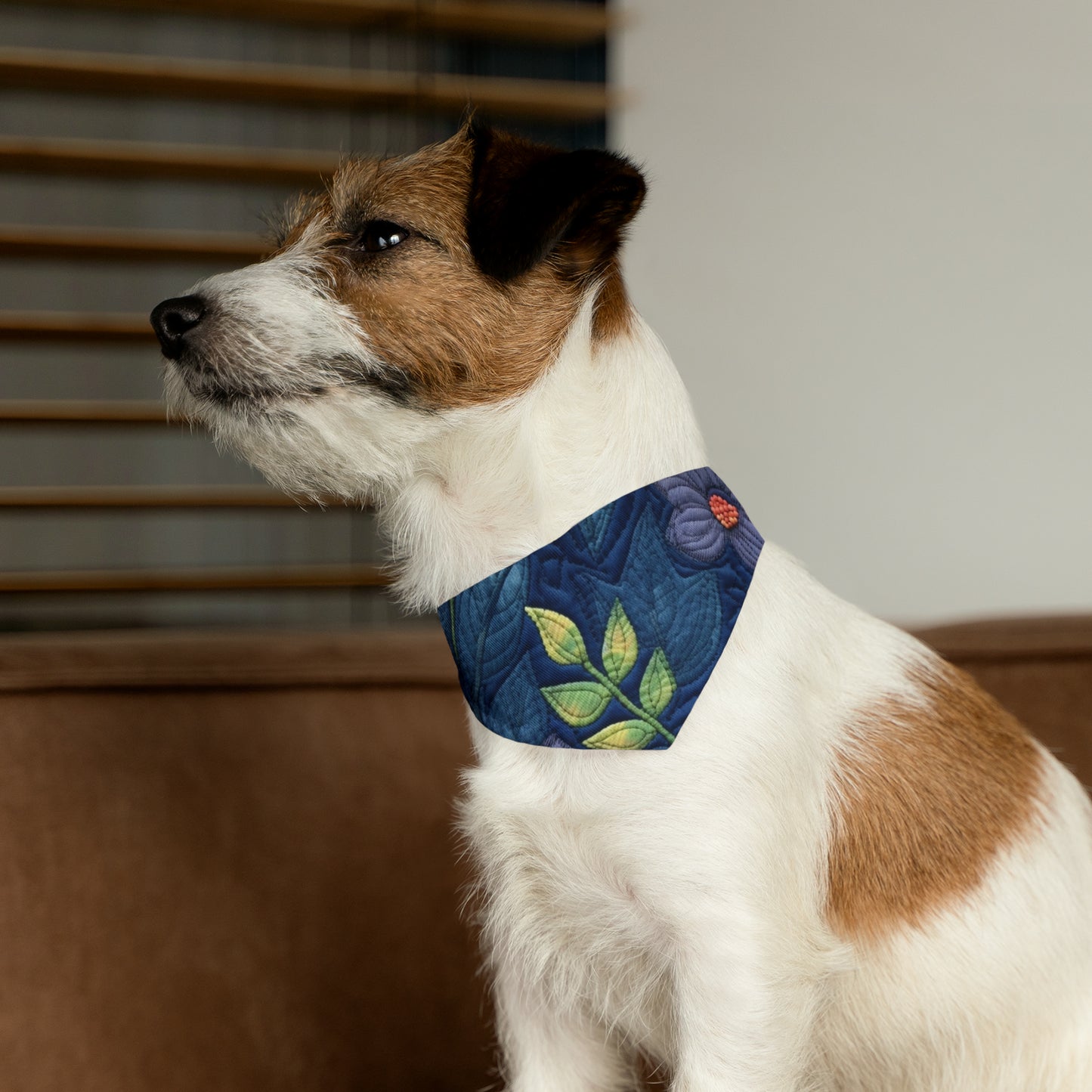 Floral Embroidery Blue: Denim-Inspired, Artisan-Crafted Flower Design - Pet Bandana Collar