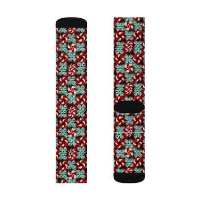 Christmas Crochet Candy Cane - Pepper Red Crystal White Holiday Pattern - Sublimation Socks