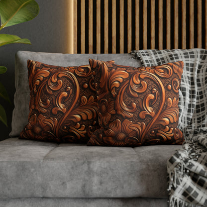 Leather Flower Cognac Classic Brown Timeless American Cowboy Design - Spun Polyester Square Pillow Case