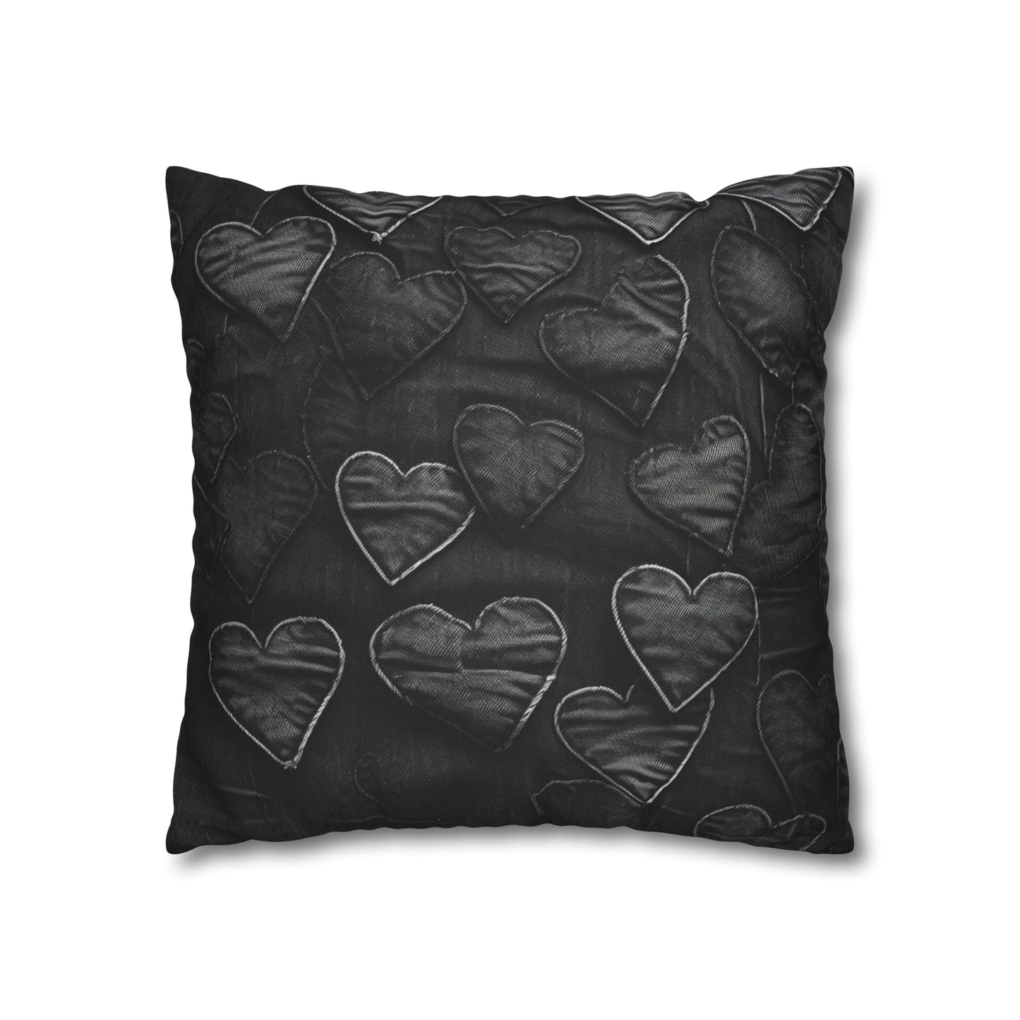 Negro azabache: diseño de bordado de corazón de tela inspirada en la mezclilla desgastada - Funda de almohada cuadrada de poliéster hilado 