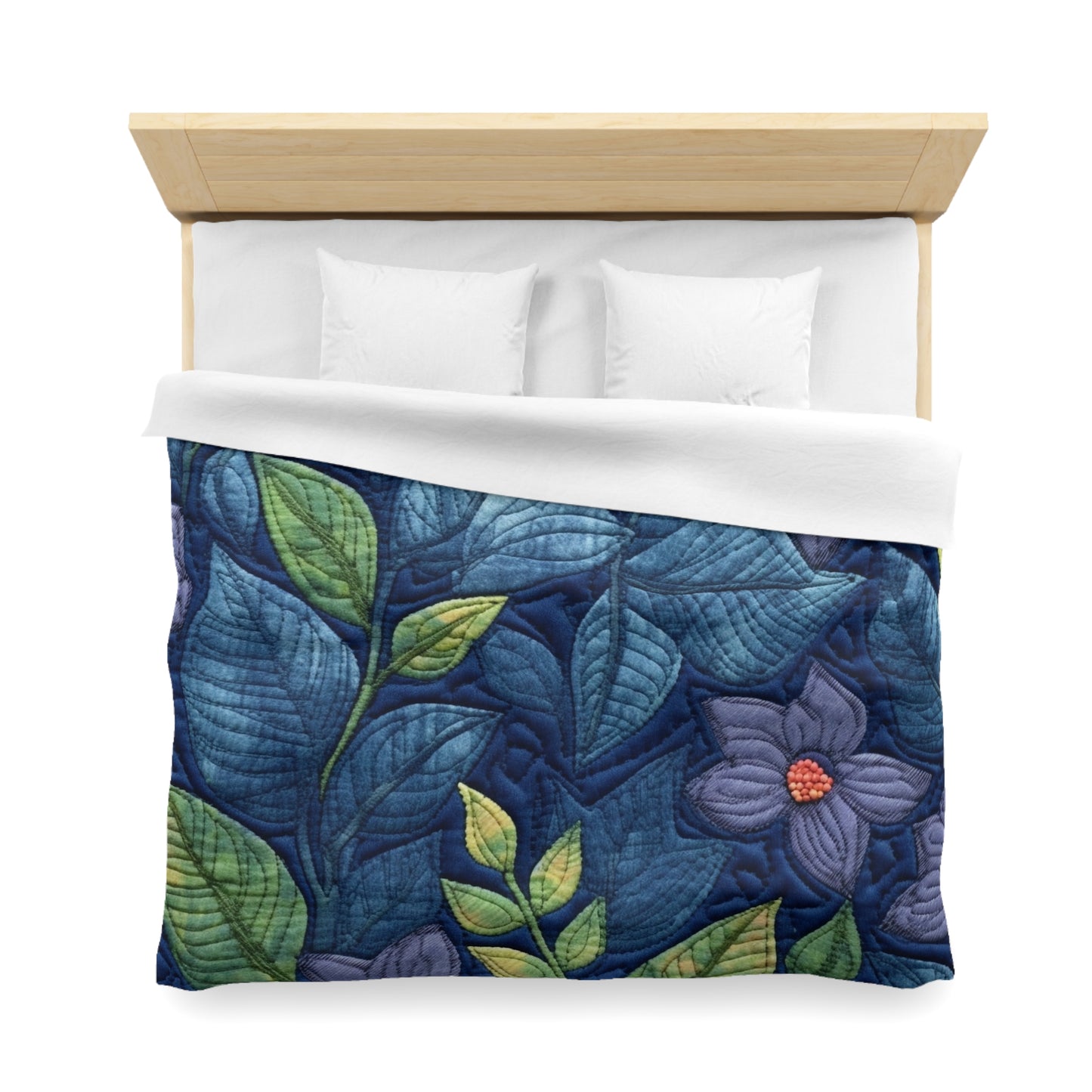 Floral Embroidery Blue: Denim-Inspired, Artisan-Crafted Flower Design - Microfiber Duvet Cover