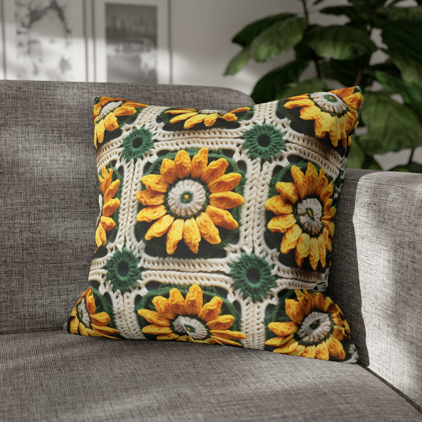 Sunflower Crochet Elegance, Granny Square Design, Radiant Floral Motif. Bring the Warmth of Sunflowers to Your Space - Spun Polyester Square Pillow Case