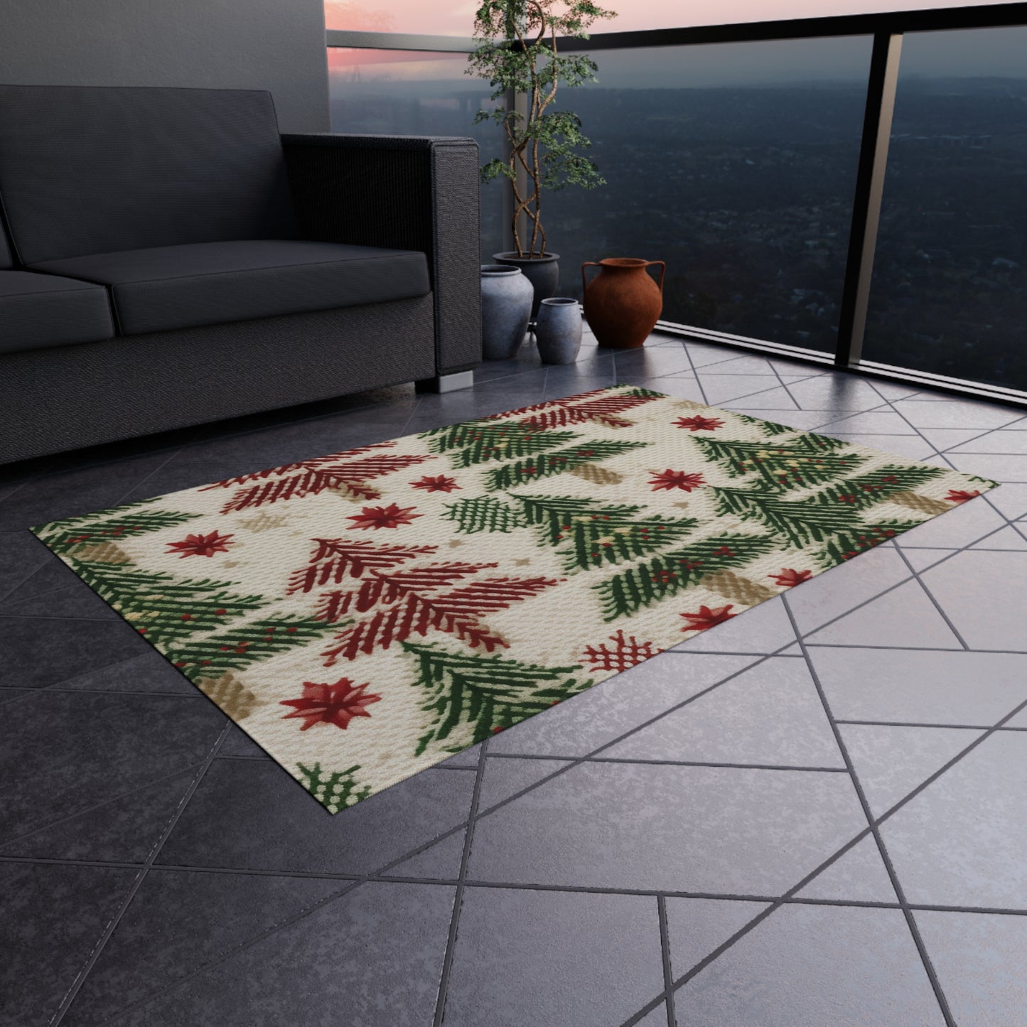 Embroidered Christmas Winter, Festive Holiday Stitching, Classic Seasonal Design - Outdoor Rug