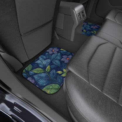 Floral Embroidery Blue: Denim-Inspired, Artisan-Crafted Flower Design - Car Mats (Set of 4)