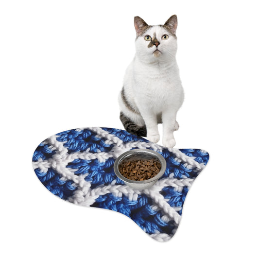Blueberry Blue Crochet, White Accents, Classic Textured Pattern - Pet Feeding Mats