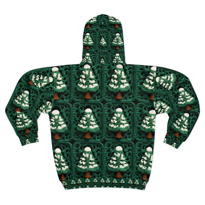 Evergreen Christmas Trees Crochet, Festive Pine Tree Holiday Craft, Yuletide Forest, Winter - Unisex Zip Hoodie (AOP)