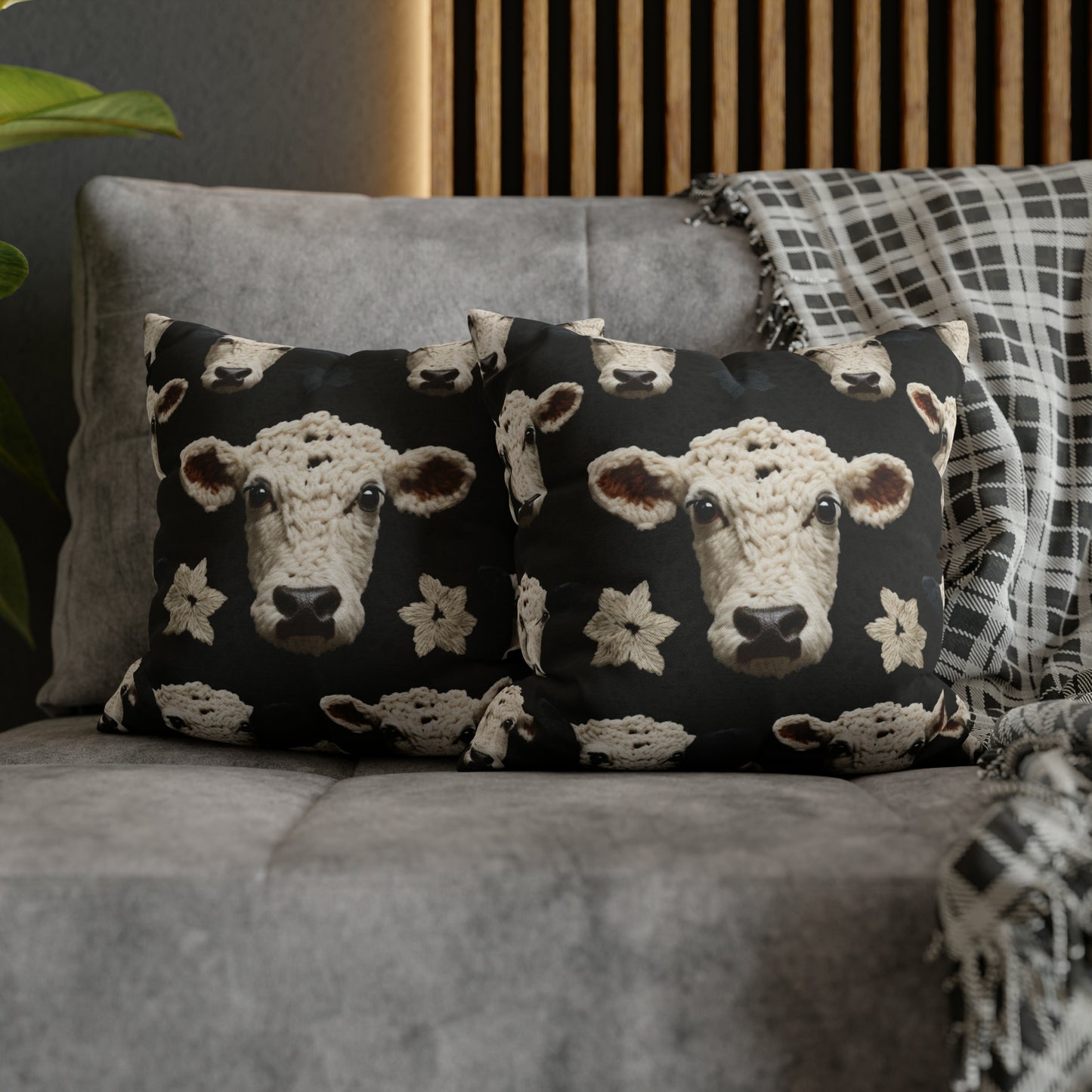 Crochet Cow Pattern Farm Animal Fabric Style - Spun Polyester Square Pillow Case