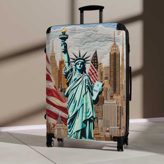 American Dream Quilt, Liberty and Skyline Embroidery, Patriotic Cityscape, Iconic New York, Embroidered Statue of Liberty Flag - Suitcase