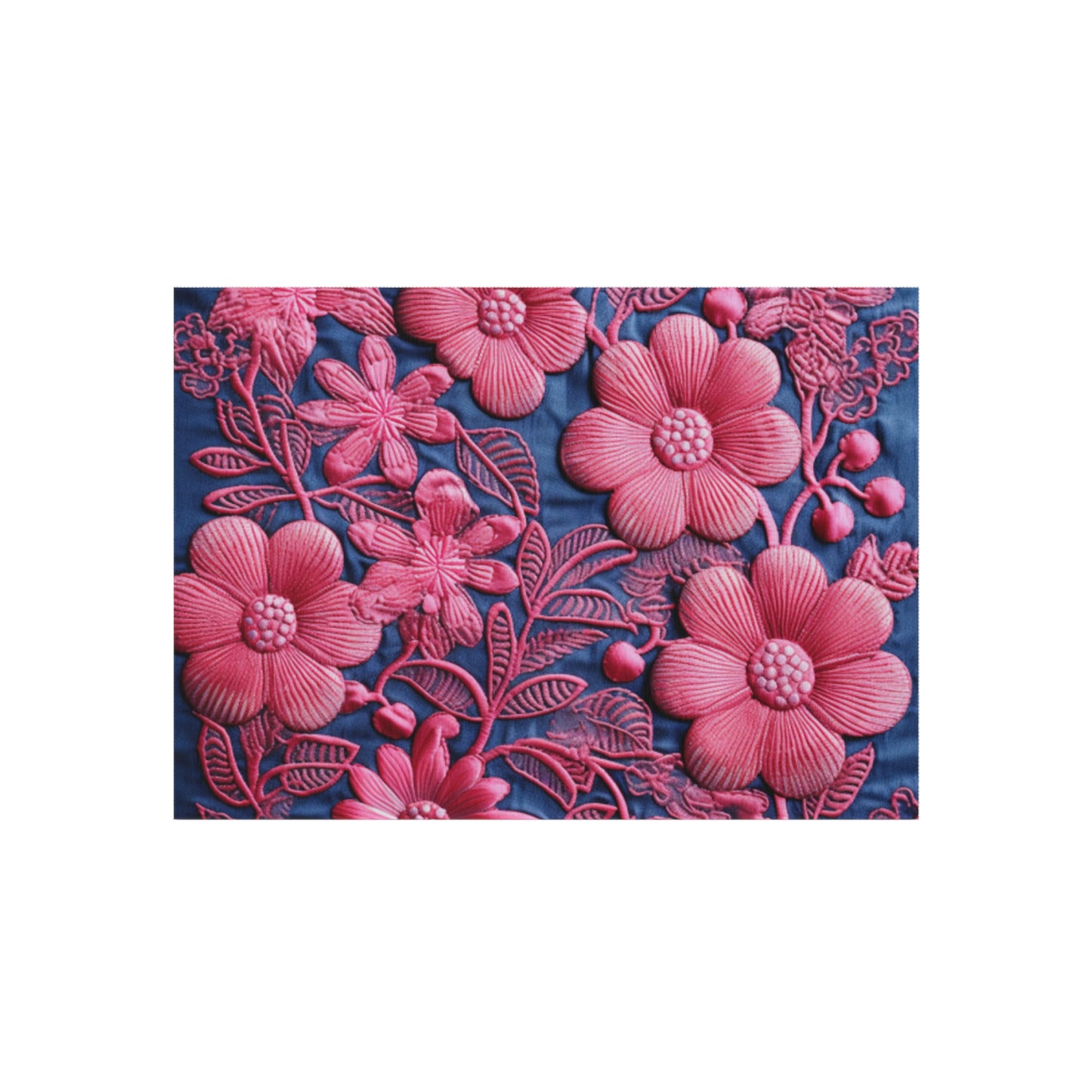 Denim Blue Doll Pink Floral Embroidery Style Fabric Flowers - Outdoor Rug