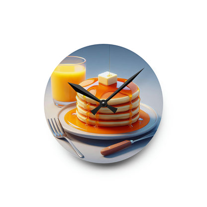 Breakfast  Acrylic Wall Clock - Fluffy Pancakes Stacked Plate, Golden Maple Syrup, Melting Butter, Glass of Orange Juice