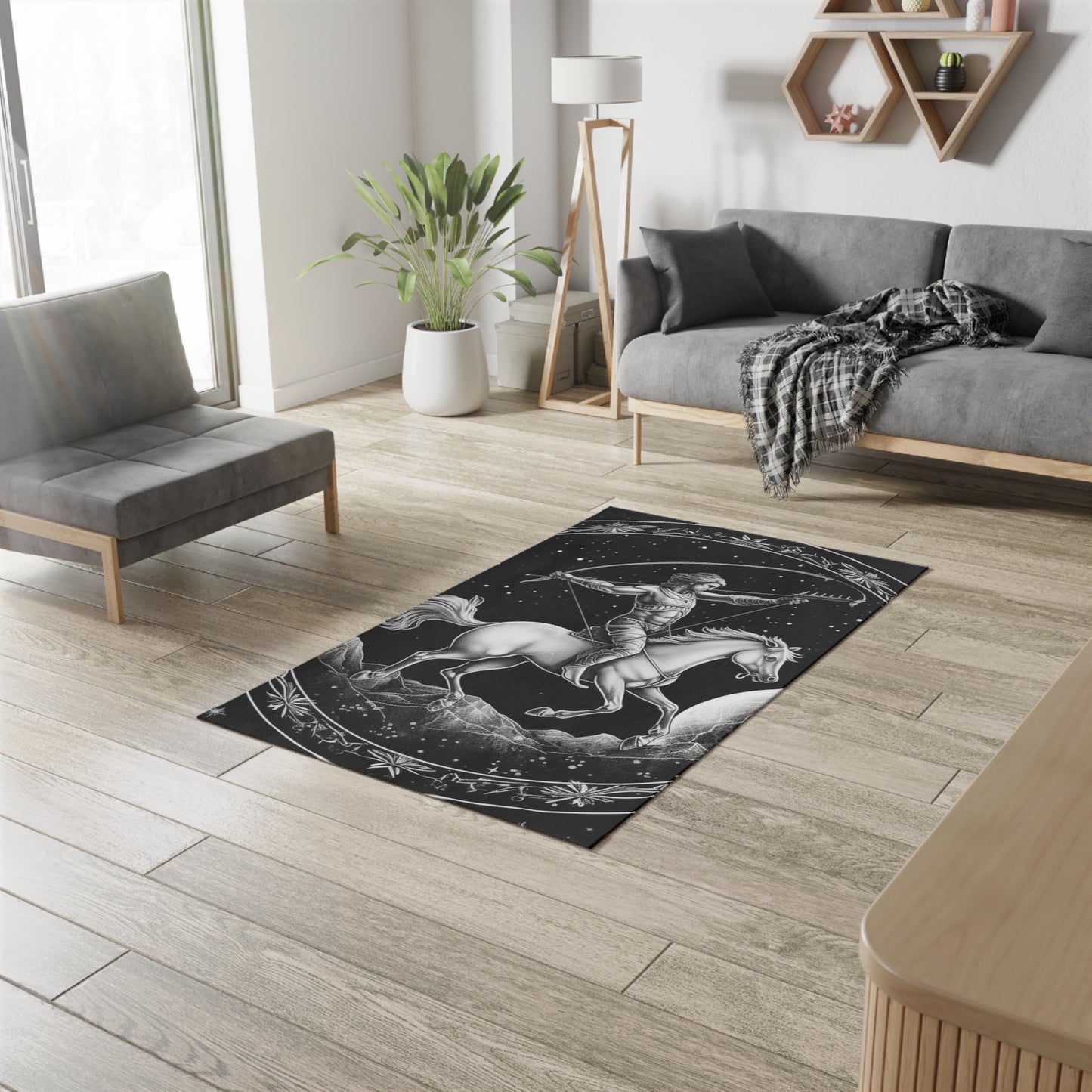 Sagittarius Zodiac Black & White Archer Design - Dobby Rug