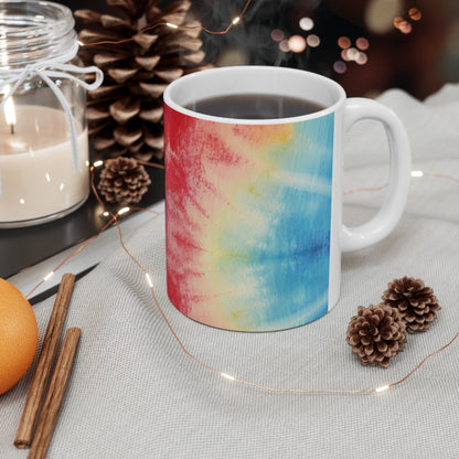 Rainbow Tie-Dye Denim: Espectáculo de diseño de tela multicolor vibrante - Taza de cerámica de 11 oz 