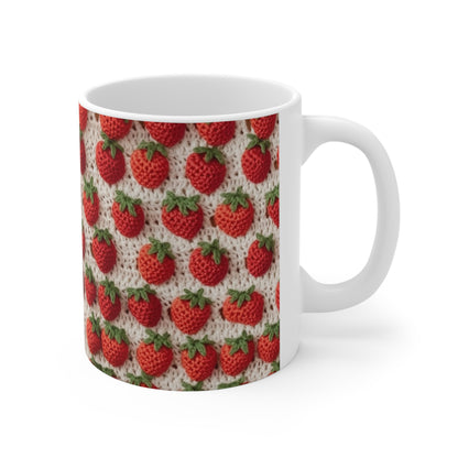 Strawberry Traditional Japanese, Crochet Craft, Fruit Design, Red Berry Pattern - Ceramic Mug 11oz