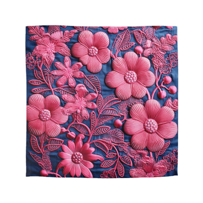 Denim Blue Doll Pink Floral Embroidery Style Fabric Flowers - Microfiber Duvet Cover