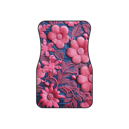 Denim Blue Doll Pink Floral Embroidery Style Fabric Flowers - Car Mats (Set of 4)