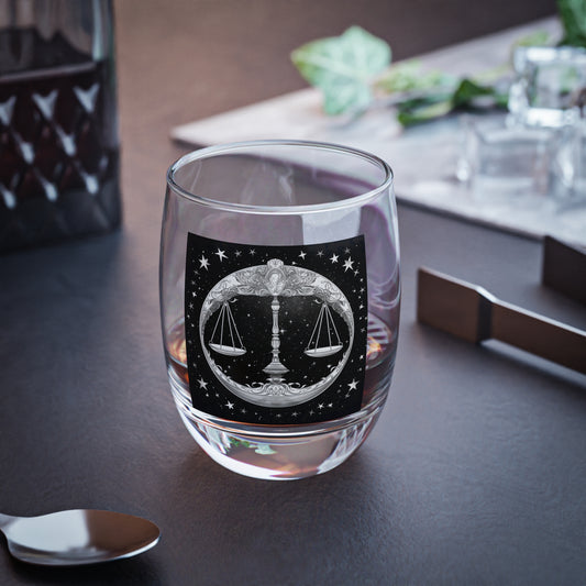 Libra Zodiac Clear Glass Whiskey Glass - Solid Base - Black & White Celestial Design