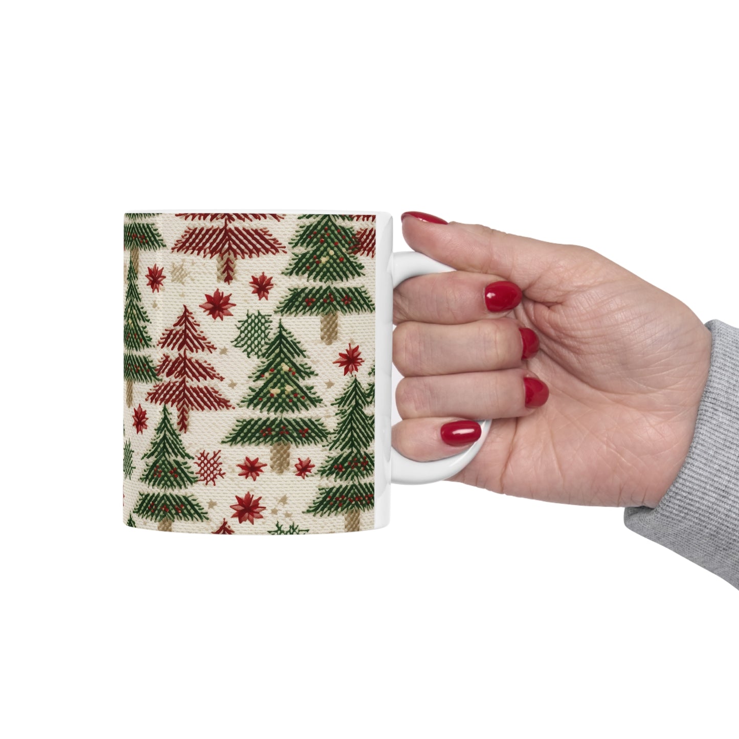 Invierno navideño bordado, costuras festivas, diseño clásico de temporada - Taza de cerámica de 11 oz 