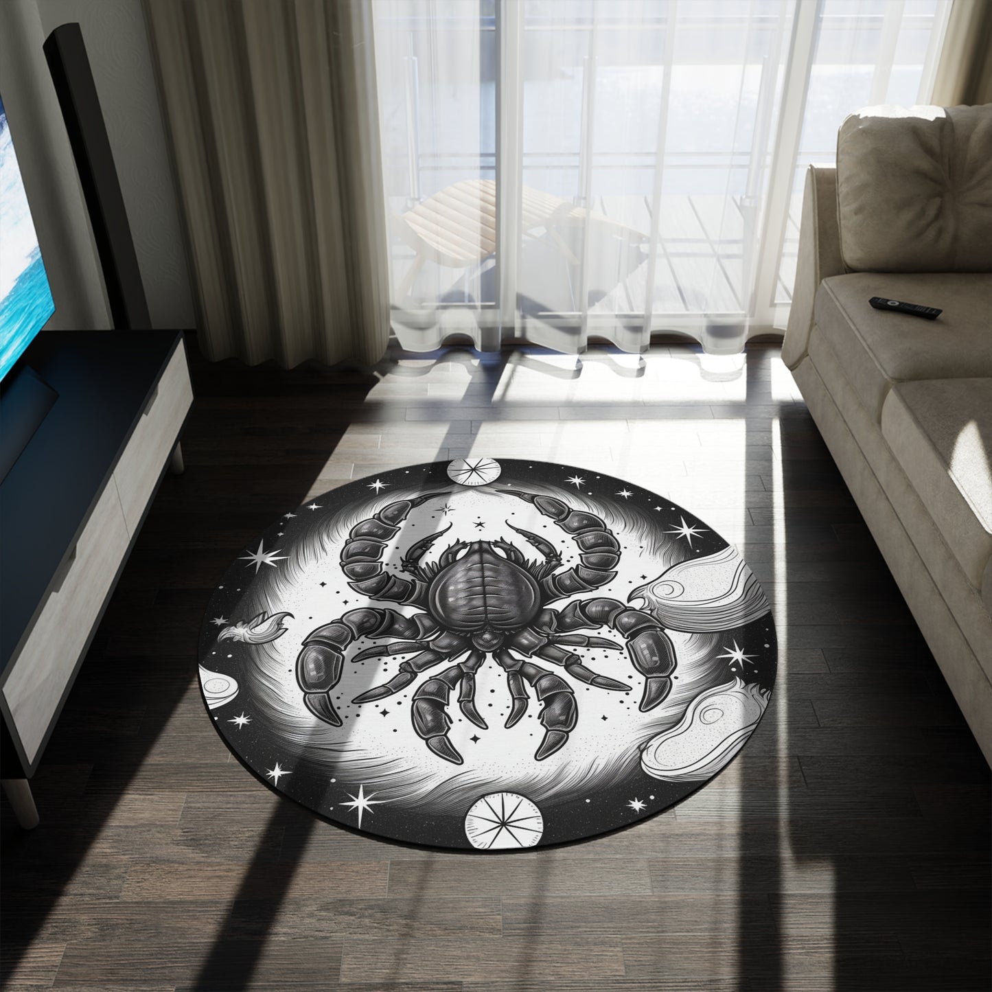 Alfombra redonda Scorpio de 4.9 ft, diseño de escorpión blanco y negro del zodíaco, chenilla duradera