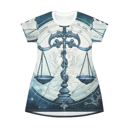 Blue Tones Libra Zodiac Cosmic Astro - Balance Scale & Symbols - T-Shirt Dress (AOP)