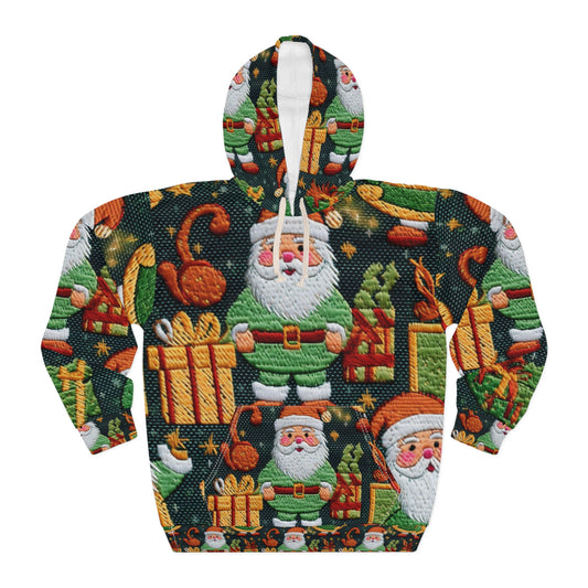 Christmas Santa Claus - Embroidered Presents - Festive Winter Wonderland - Deck the Halls Design - Unisex Pullover Hoodie (AOP)