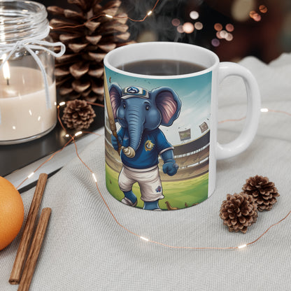 India Elephant Cricket Sport Star: Pitch, Run, Stump Game - Animated Charm - Ceramic Mug 11oz