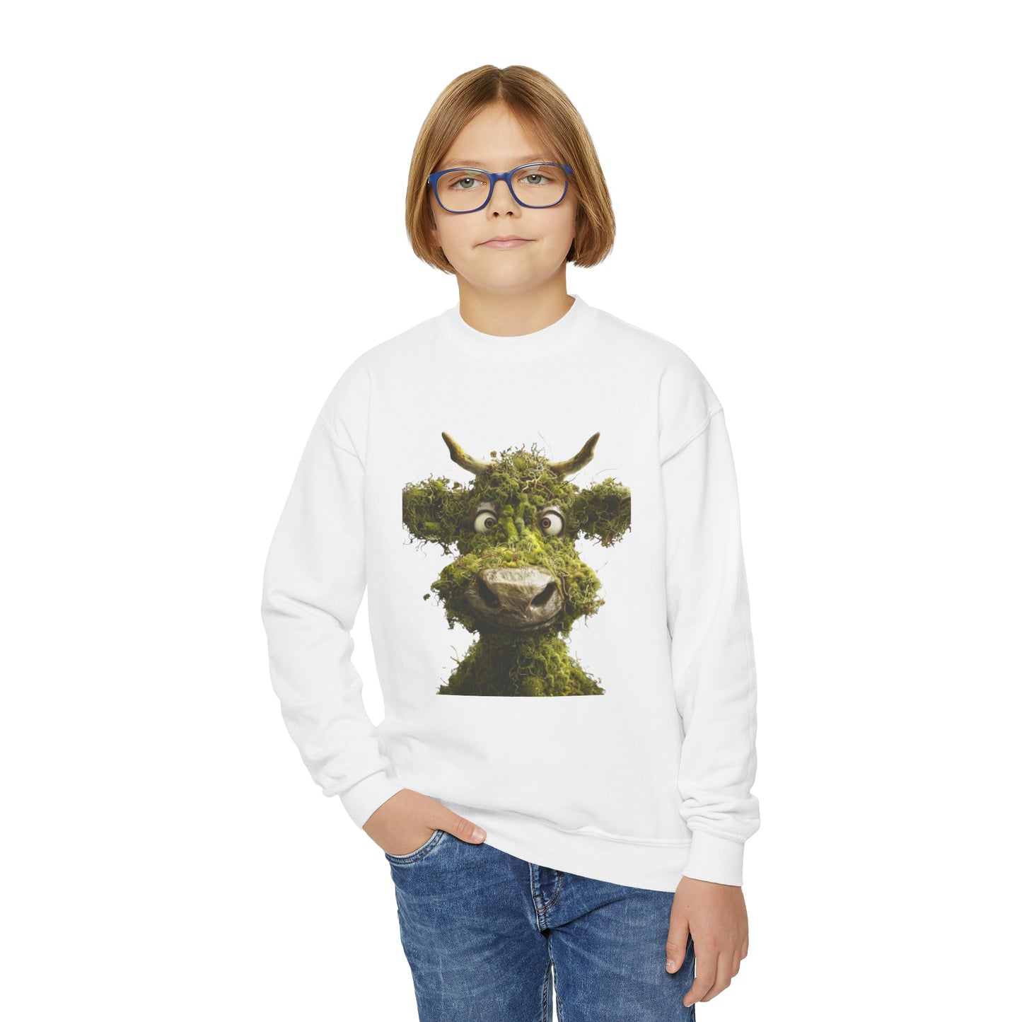 Moss Cow, Funny Graphic Gift, Youth Crewneck Sweatshirt