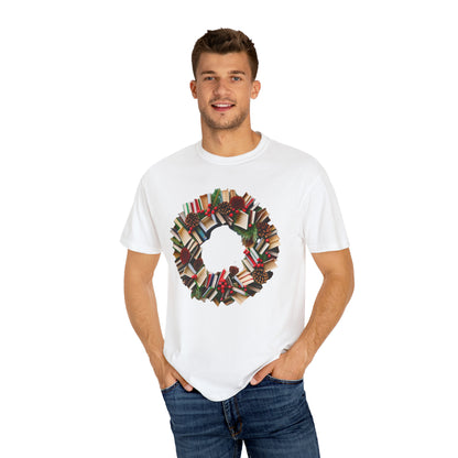 Holiday Book Wreath: Festive Literary Book Lover & Christmas Pinecone Arrangement - Unisex Garment-Dyed T-shirt