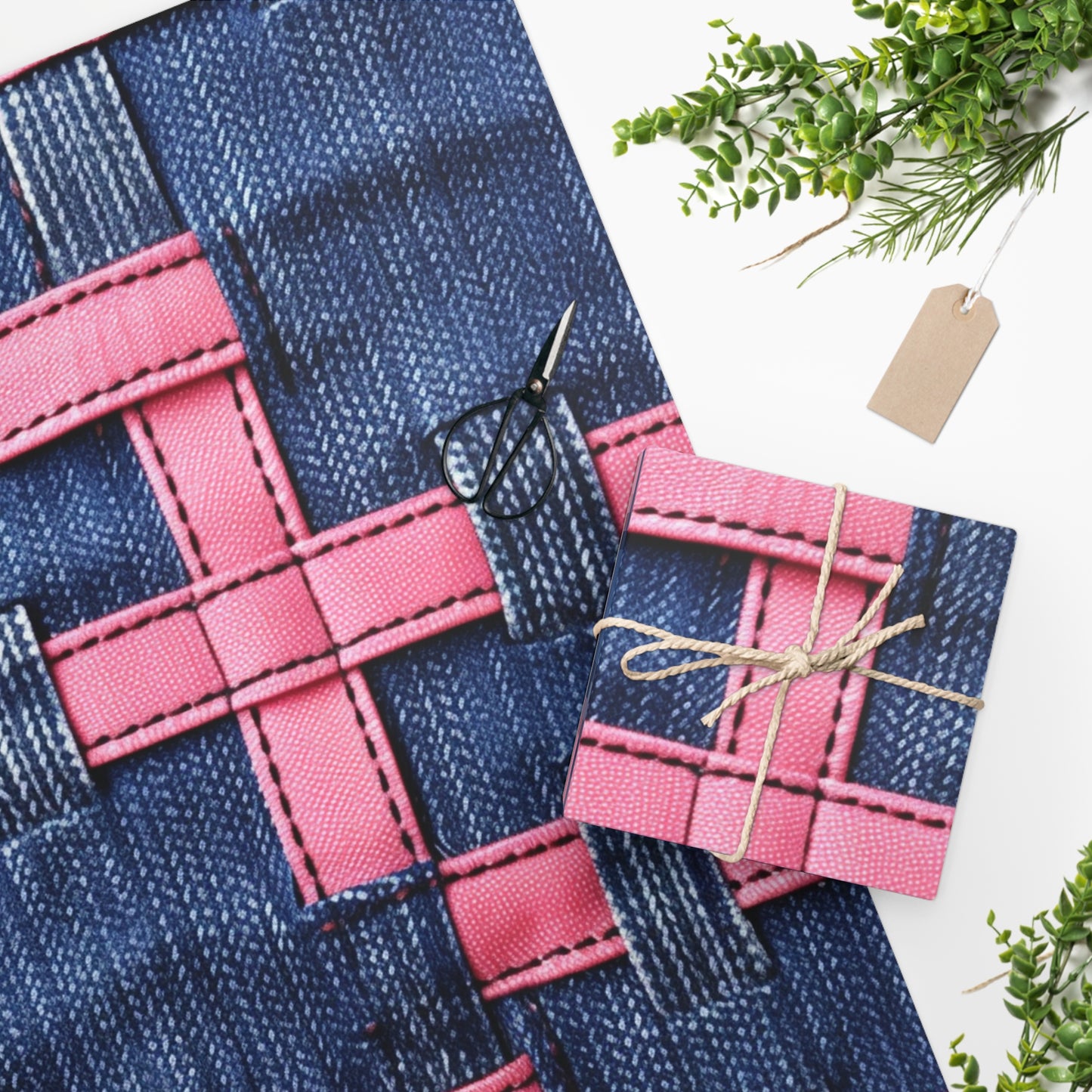 Candy-Striped Crossover: Pink Denim Ribbons Dancing on Blue Stage - Wrapping Paper