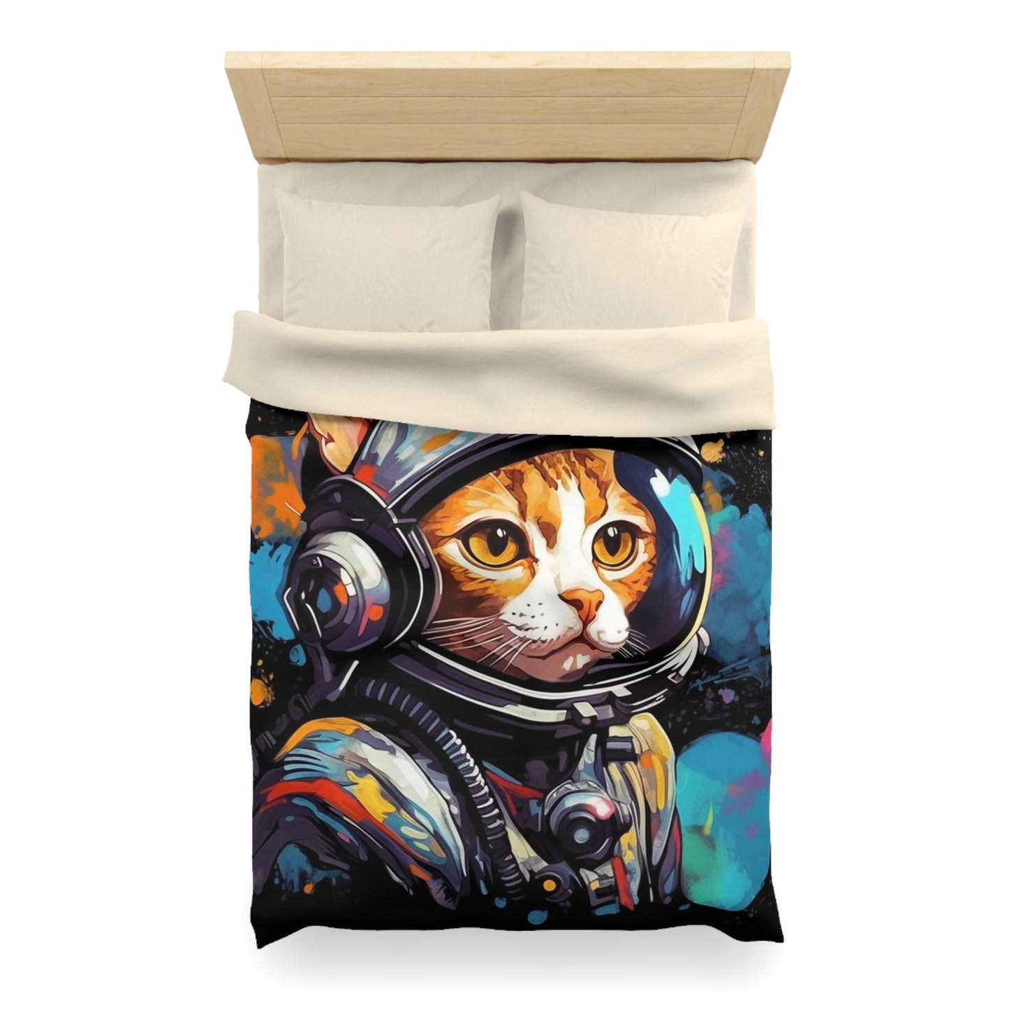 Astro Cat Adventure Feline - Pop Art, Floating in Cosmic Space - Microfiber Duvet Cover