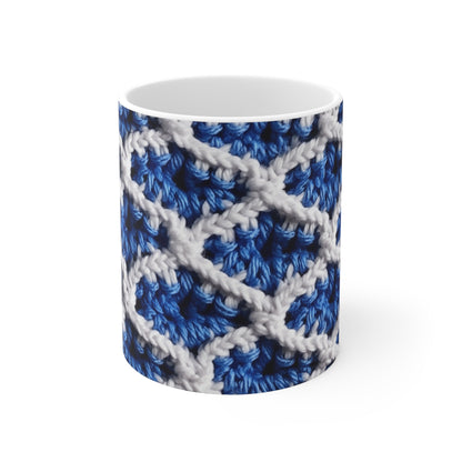 Blueberry Blue Crochet, White Accents, Classic Textured Pattern - Ceramic Mug 11oz