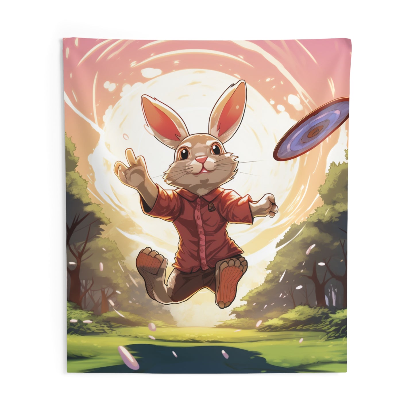 Disc Golf Rabbit: Bunny Aiming Frisbee for Basket Chain - Indoor Wall Tapestries