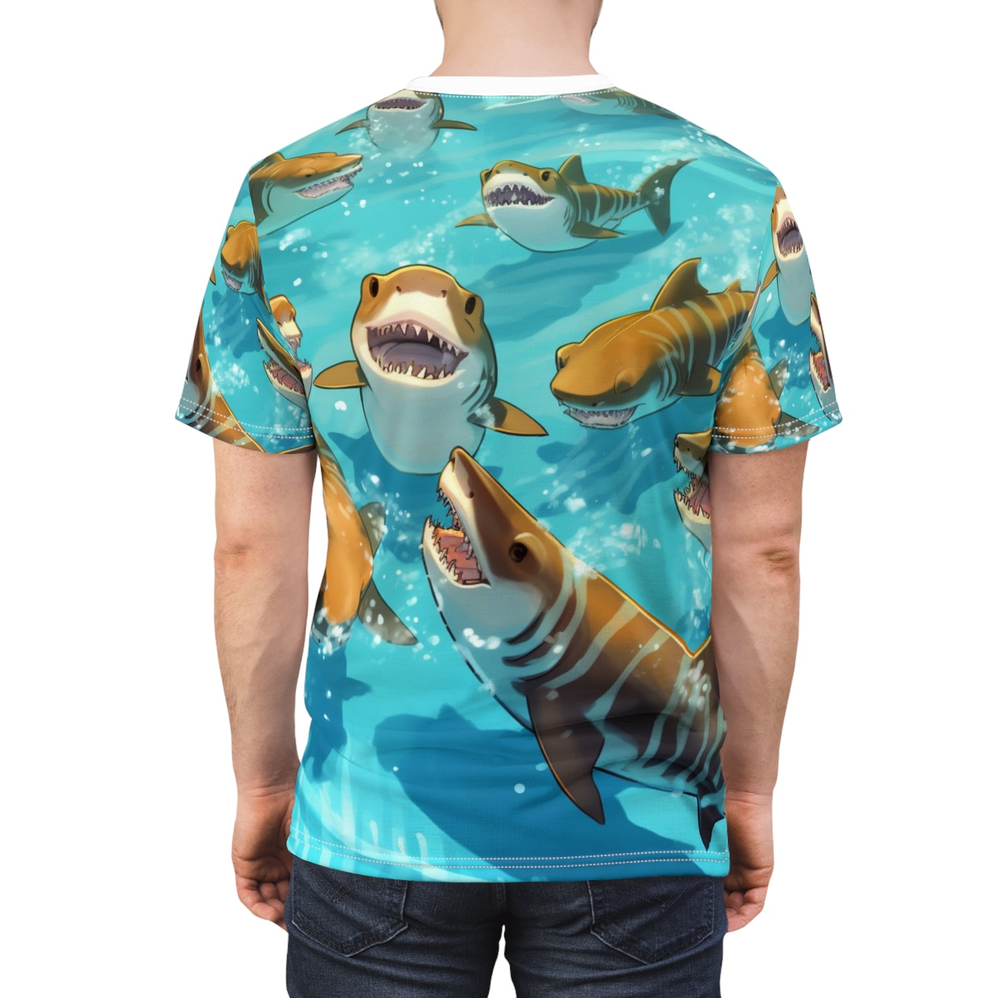 Tiburón tigre: Vida silvestre marina oceánica - Submarino - Camiseta unisex cortada y cosida (AOP) 