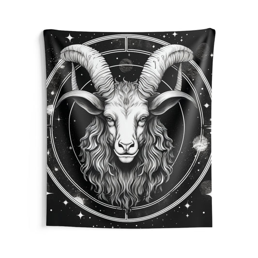 Capricorn Custom Wall Tapestry, Black White Goat Design, 100% Polyester, Multiple Sizes