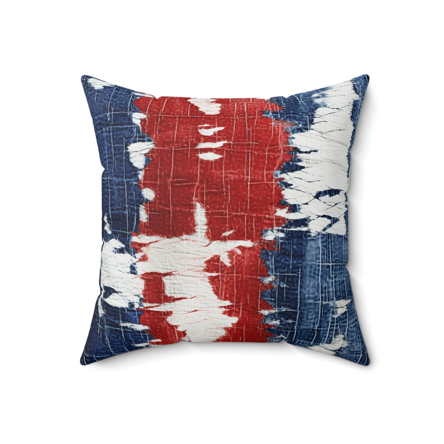 Rojo patriótico, blanco y azul: estilo denim desgastado, tela rasgada - almohada cuadrada de poliéster hilado